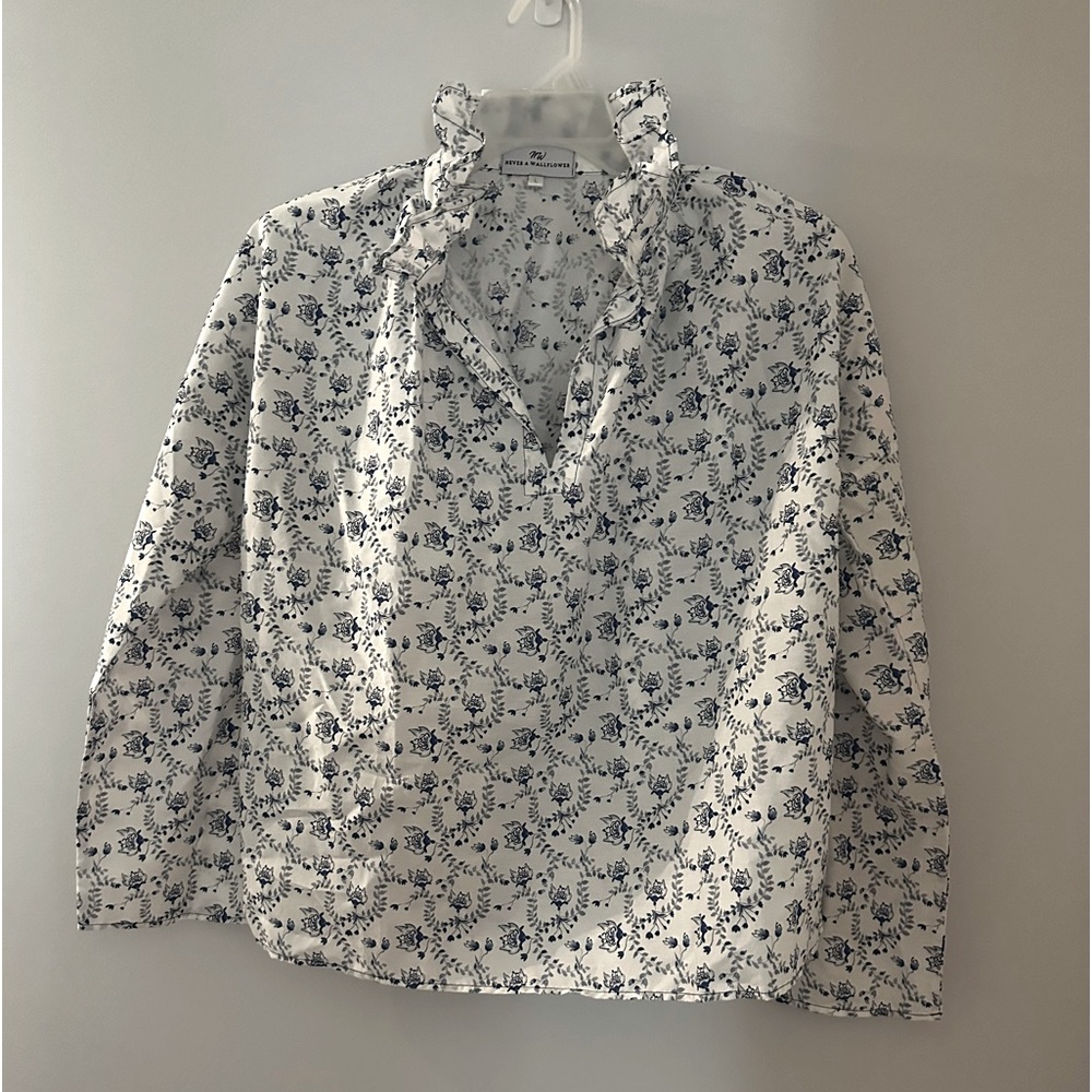 Never A Wallflower blue and white floral blouse